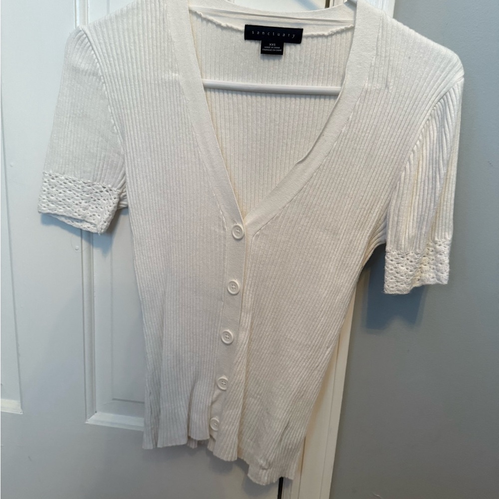 White Short Sleeve Button-Up Top